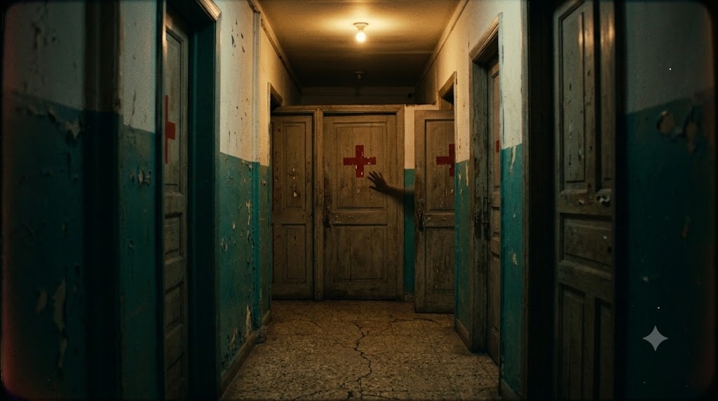 Corridor of the old hospital: wooden doors marked with red crosses under a single bulb