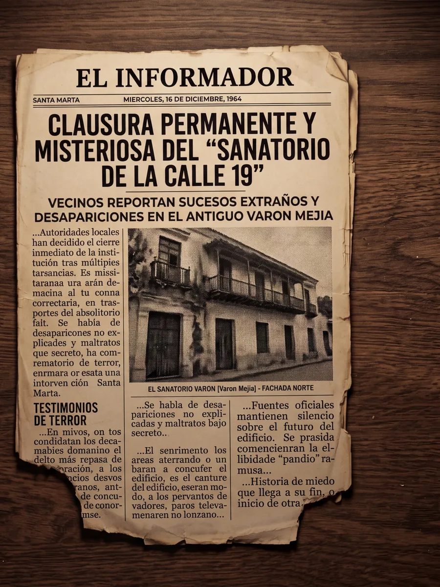 Yellowed newspaper clipping from late 1964 with a serif headline about the closure of the Calle 19 sanatorium.