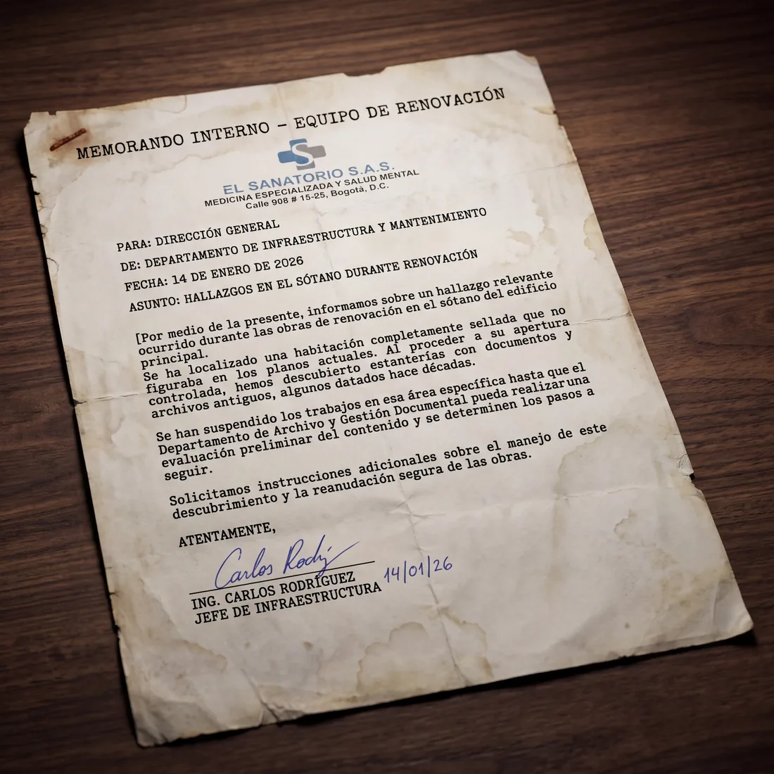 Internal typewritten memo to the General Direction of El Sanatorio S.A.S., dated January 2026, on the findings in the building&rsquo;s basement.