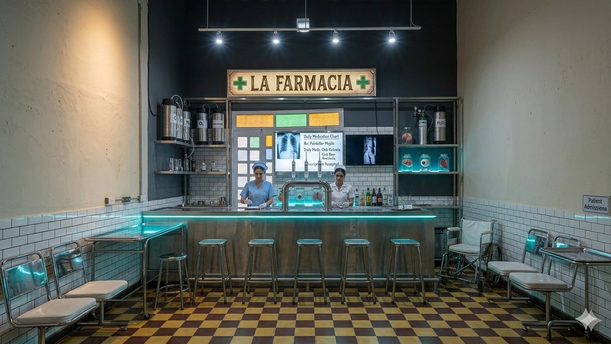 La Farmacia · El bar del Sanatorio en Santa Marta · Interior con barra de azulejo, taburetes, suelo ajedrezado amarillo y letrero La Farmacia con cruces verdes