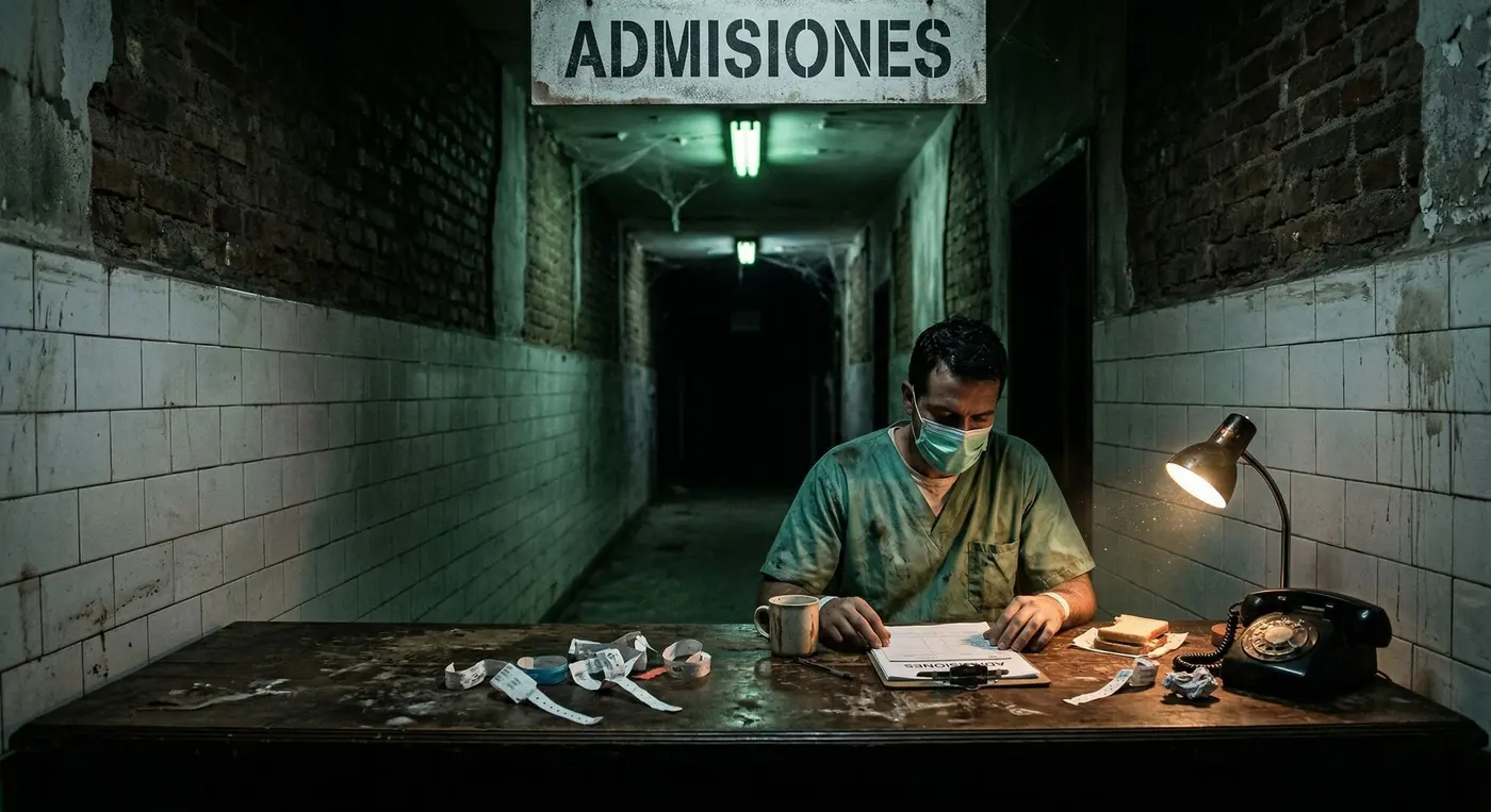 Pasillo oscuro del sanatorio con enfermero en el escritorio de Admisiones bajo luz fluorescente