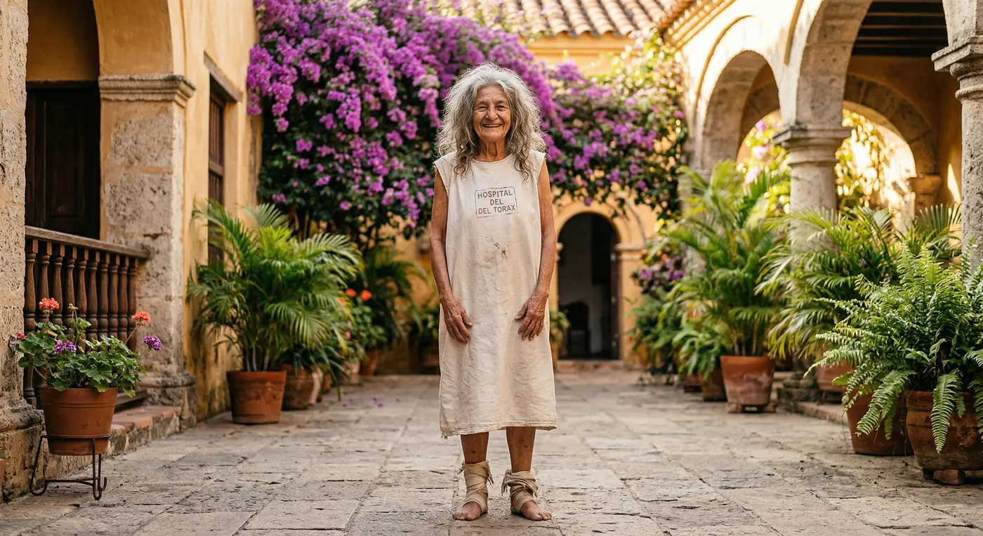 Mujer mayor de pie en el patio interior del sanatorio, rodeada de buganvillas