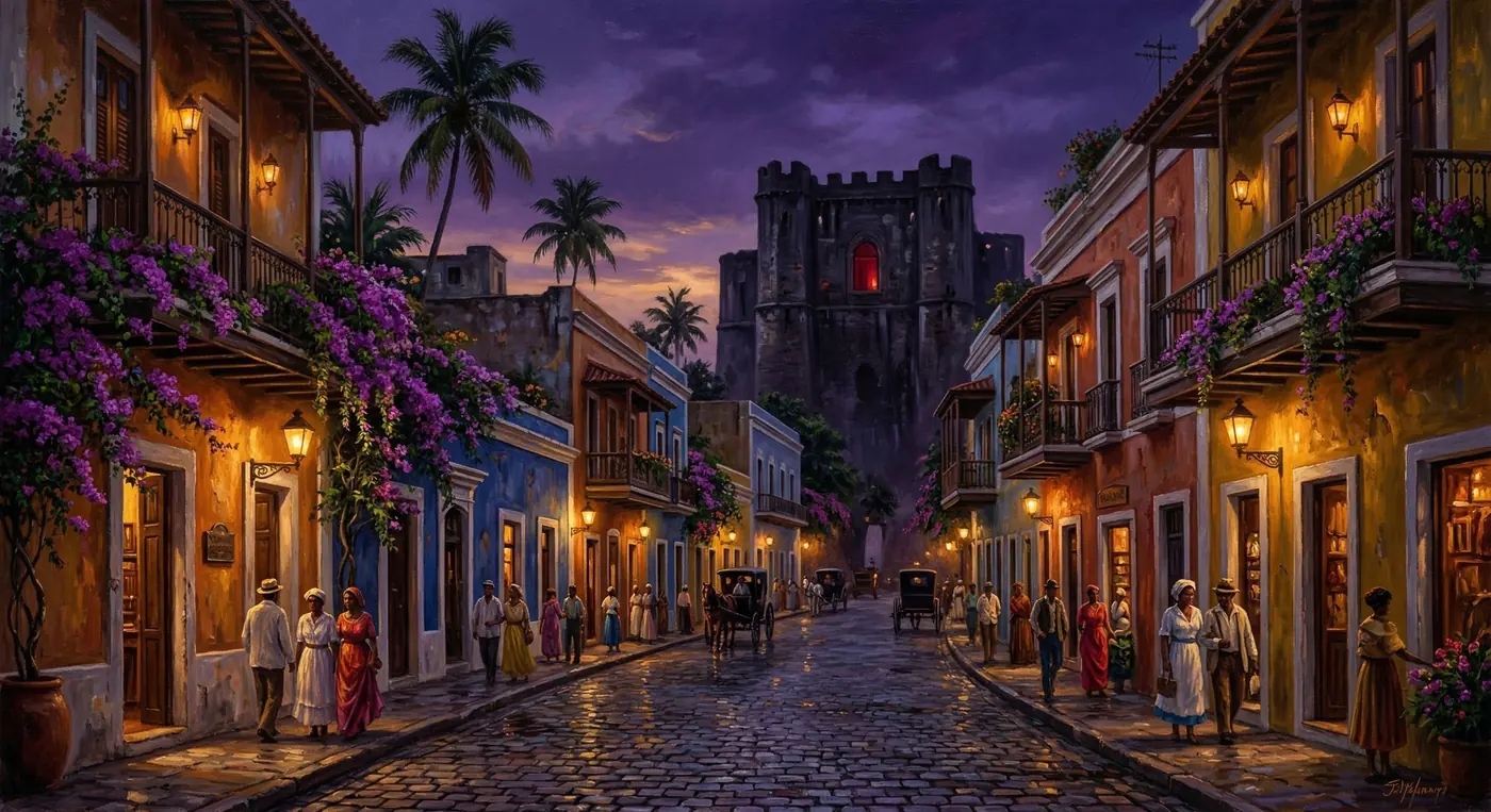 Calle colonial de Santa Marta de noche con lámparas de gas, flores moradas y edificio imponente al fondo