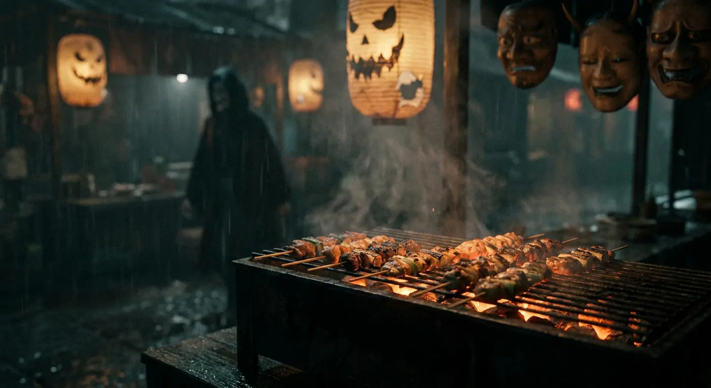Yakitori al carbón en El Sanatorio — brochetas japonesas a la parrilla en el ambiente nocturno del laboratorio