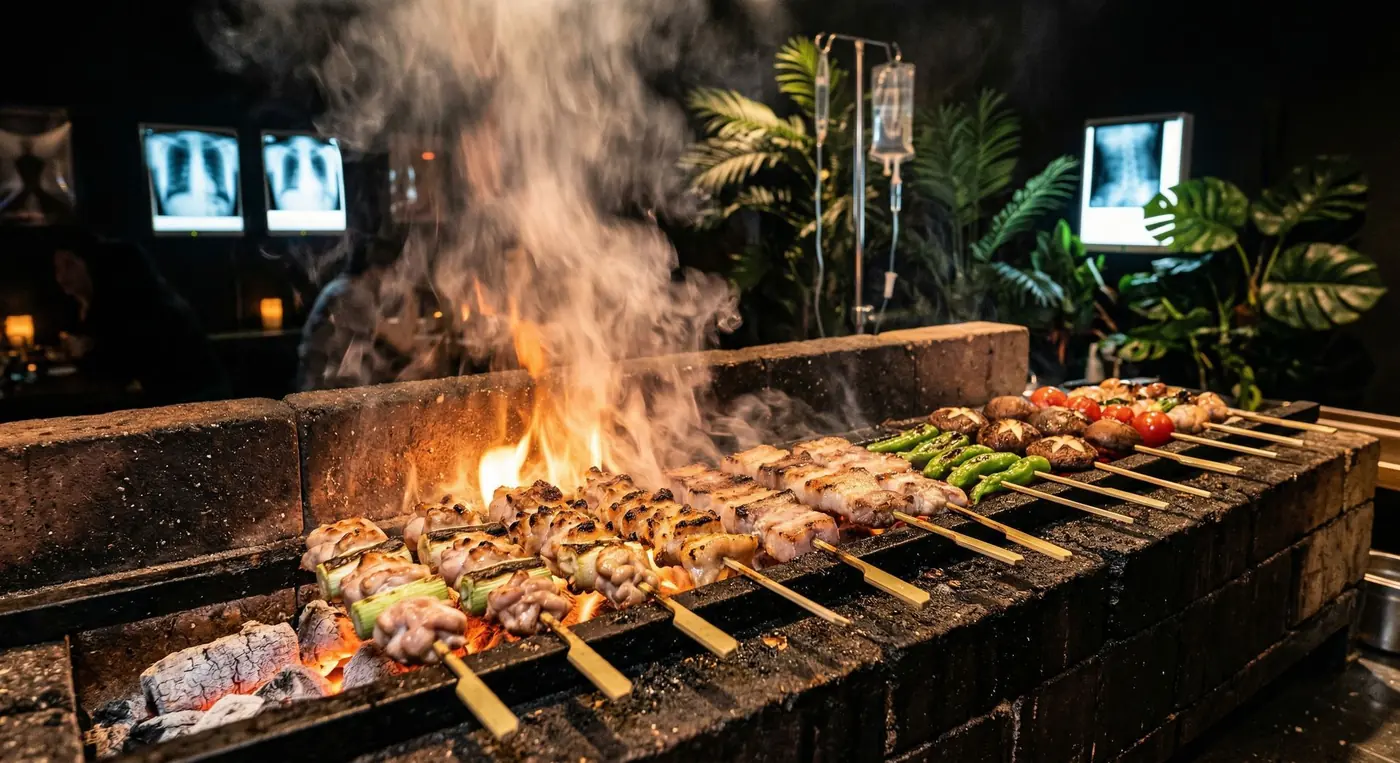 Brochetas de yakitori sobre carbón al rojo vivo, con cajas de luz de radiografías al fondo